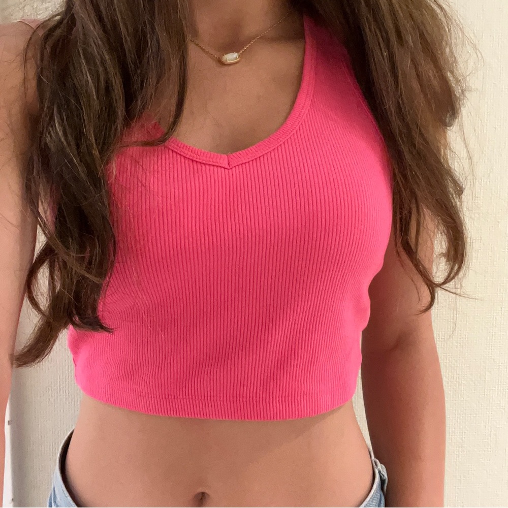 Barbie pink ribbed v neck tank top